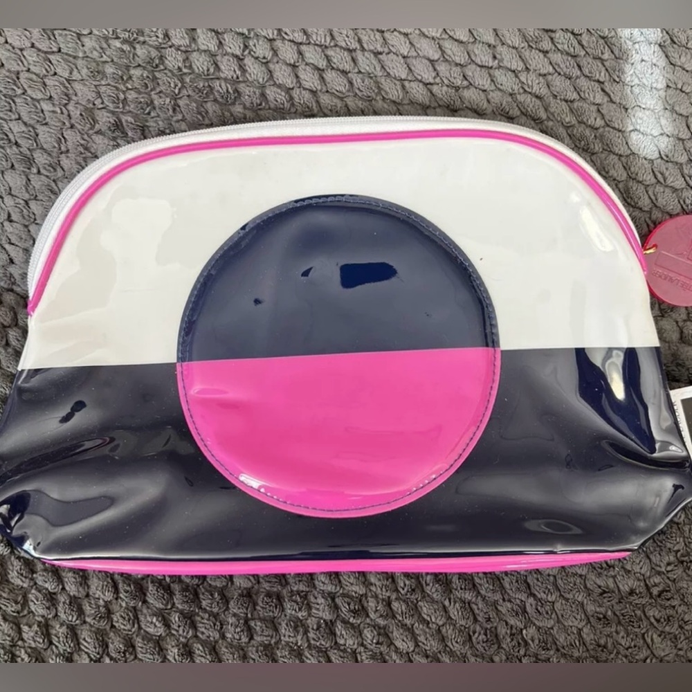 Estee Lauder Lisa Perry Cosmetic Bag LARGE Travel White Blue Pink Dot Vinyl